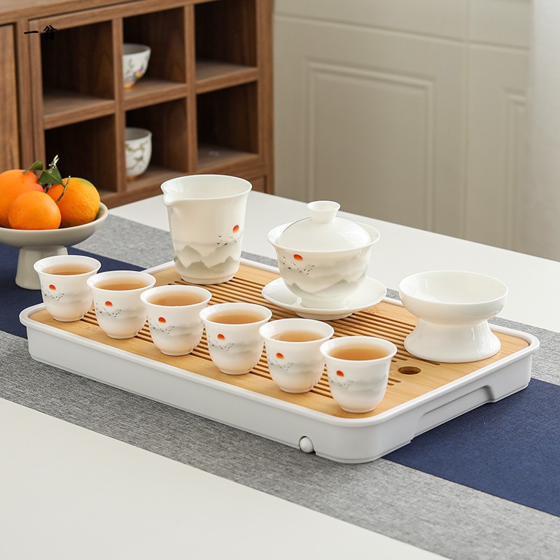 Bộ ấm trà Kung Fu Rising Sun, bát có nắp gốm sứ gia dụng, khay trà đựng nước, cốc trà sứ trắng Đức Hoa, hộp quà cao cấp