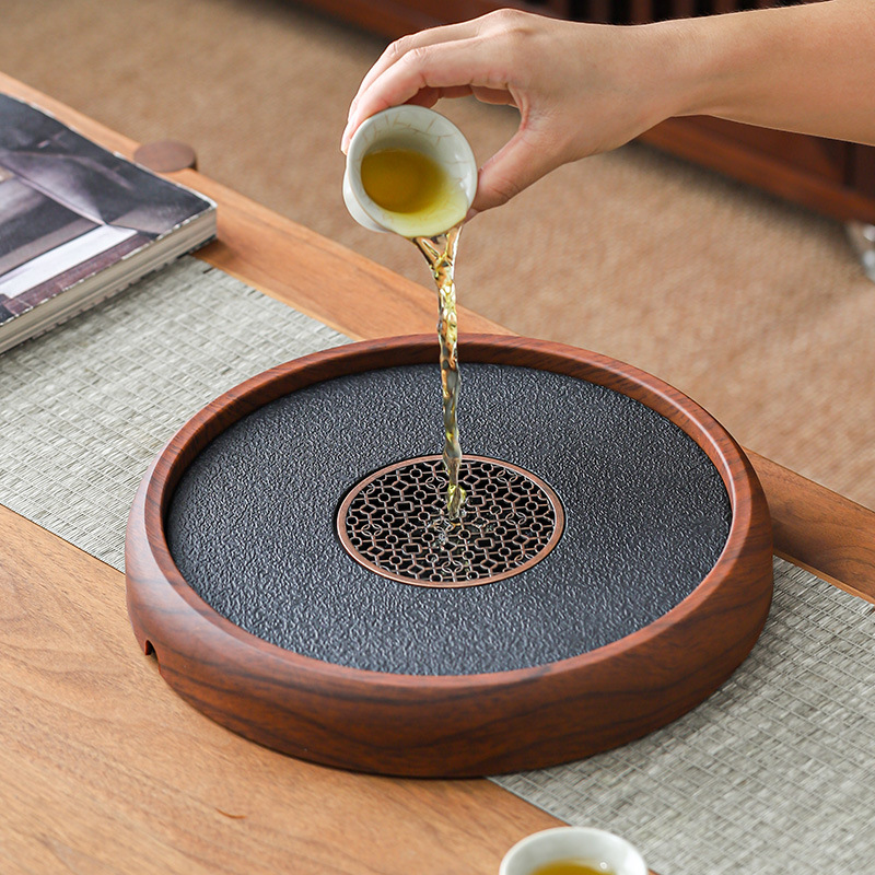 Khay trà gia dụng kiểu mới kiểu Trung Quốc khay pha khô bằng đá phiến khay trà gỗ nguyên khối khay trà bộ trà kungfu thoát nước