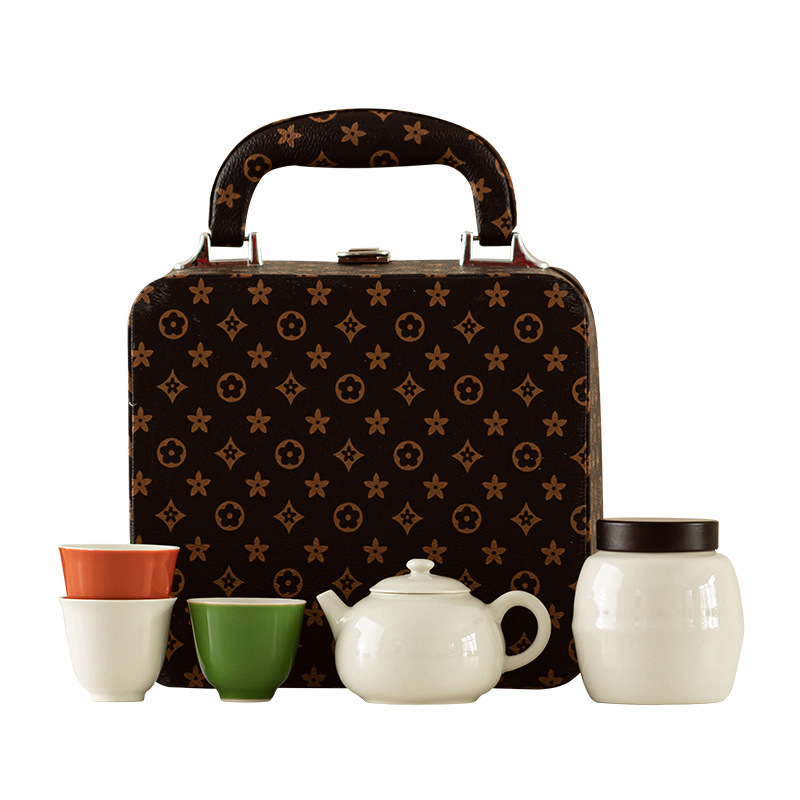 Bộ ấm xám thực vật Bộ ấm trà công phu pha trà đơn giản gốm sứ gia dụng Bộ ấm trà ba chén hộp quà