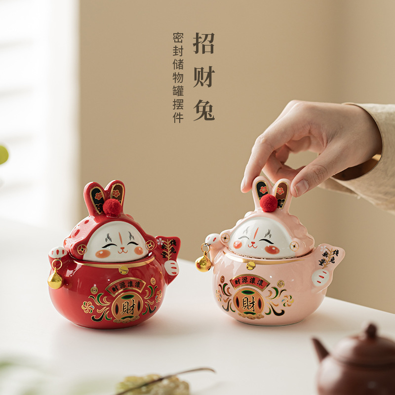Hộp đựng trà thỏ may mắn, hộp đựng bằng gốm sứ gia dụng, hộp đựng trà chống ẩm kiểu Trung Quốc, đồ trang trí sáng tạo để bàn