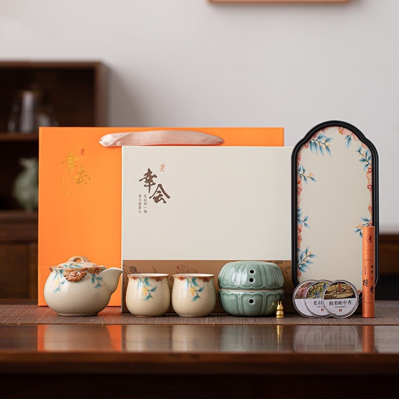 Bộ ấm trà Kung Fu lò Ru màu xanh và trắng, ấm trà cầm tay cao cấp có thể giữ được, hộp quà văn phòng gia dụng