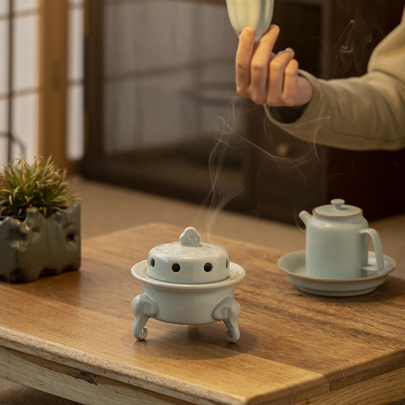 Lư hương đĩa ba chân đầu voi gốm, đồ trang trí thủ công gốm sứ sáng tạo, lư hương trong nhà gia dụng