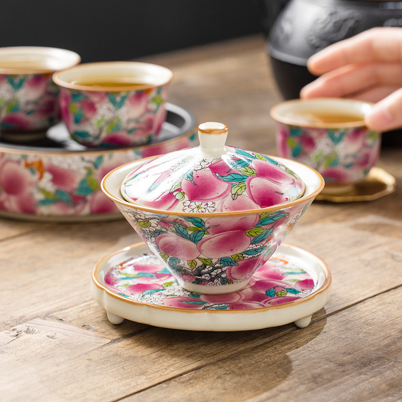 Gốm sứ cao cấp Ru Kiln Wan Tao Mũ có nắp Chén trà Bát trà gia dụng Bộ trà Kung Fu đơn không nóng Bán buôn
