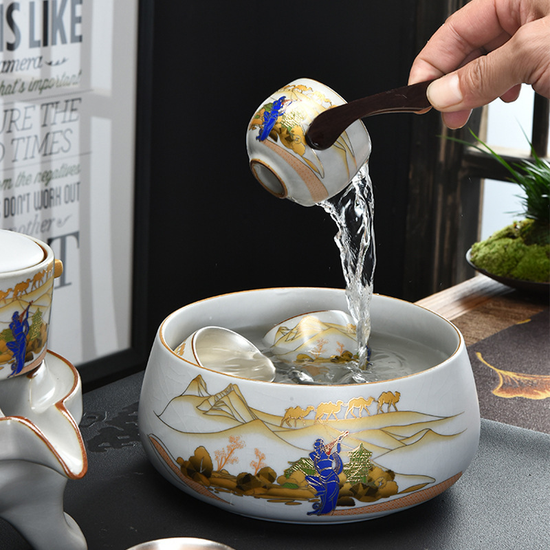 Bộ ấm trà Kung Fu tự động gốm sứ lò Ru bạc 999 bộ ấm pha trà lười cao cấp văn phòng tiếp khách gia đình