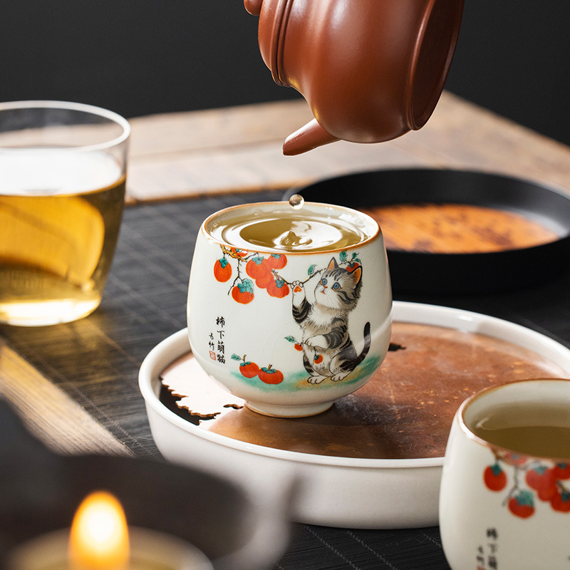 Ru Kiln Hồng Mèo Dễ Thương La Hán Cốc Trà Cá Nhân Master Cup Đơn Cốc Trà Bộ Trà Kung Fu
