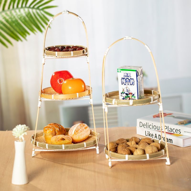 Giỏ đan bằng tre, khay trái cây đan tay, kệ trưng bày nhiều lớp, đựng đồ giải khát, bánh ngọt, giỏ trái cây, giỏ tre, đồ trang trí sáng tạo