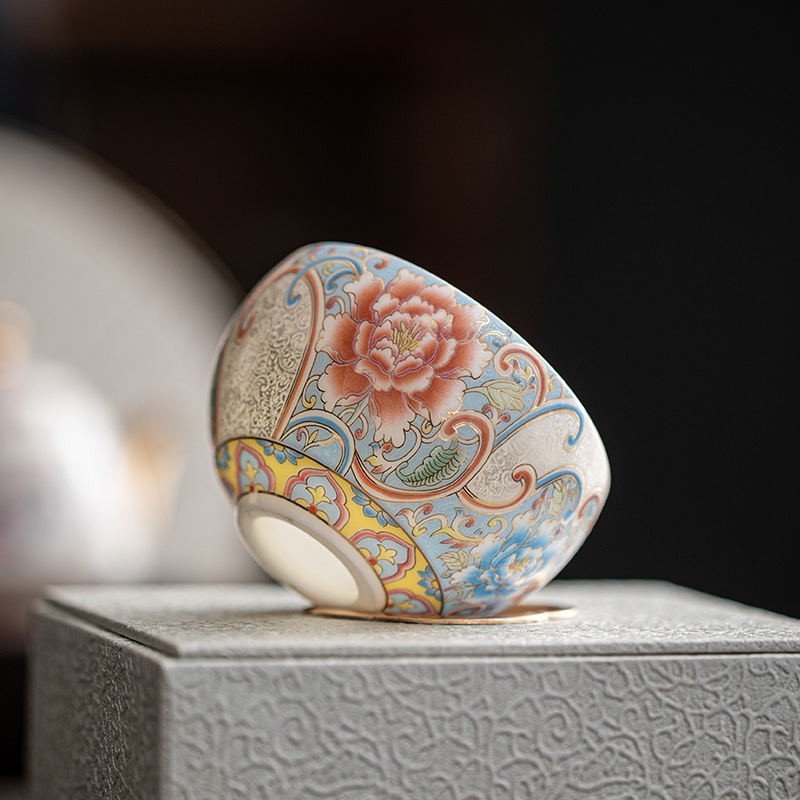 Cốc chủ nhân thủ công bạc chạm khắc thủ công cốc trà cỡ lớn cốc trà Kung Fu phong cách cung điện retro hộp quà