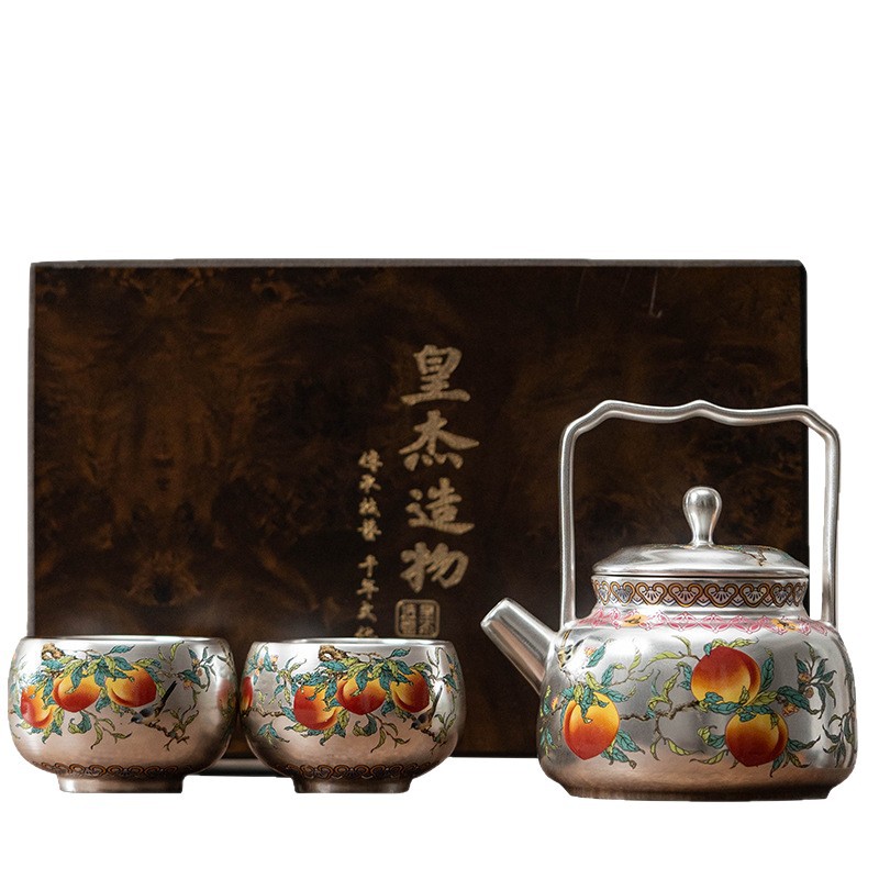 Zhou Hongjie Nine Peach Five Blessings Ấm trà khảm bạc với một nồi và hai cốc Bộ trà Kung Fu công suất lớn cao cấp.
