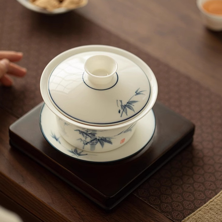 Bóng tre lơ lửng bát nắp ba tài bát pha trà sứ trắng gốm sứ đơn bát trà lớn chén trà