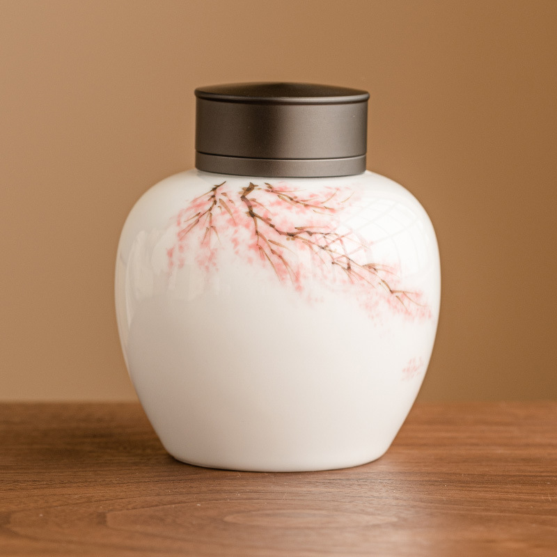 Hộp đựng trà hoa anh đào vẽ tay, hộp đựng trà lớn cao cấp gốm sứ, hộp đựng trà chống ẩm kín, hộp quà rỗng