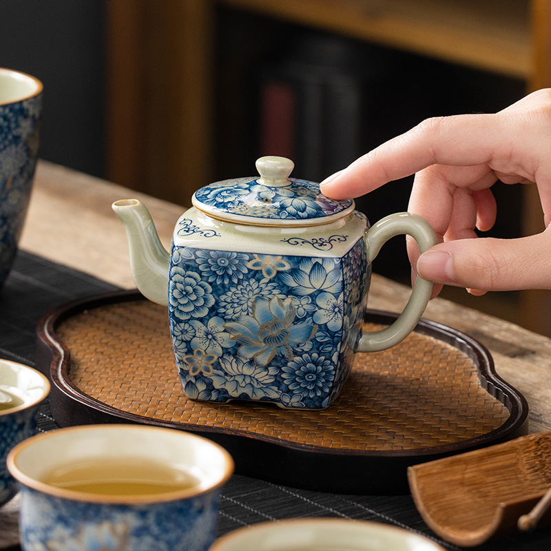 Ấm trà hình vuông Hán Hoa vàng Ru Kiln ấm trà ấm trà tinh tế cao cấp gia dụng ấm trà bộ trà gốm sứ nhà sản xuất bán buôn