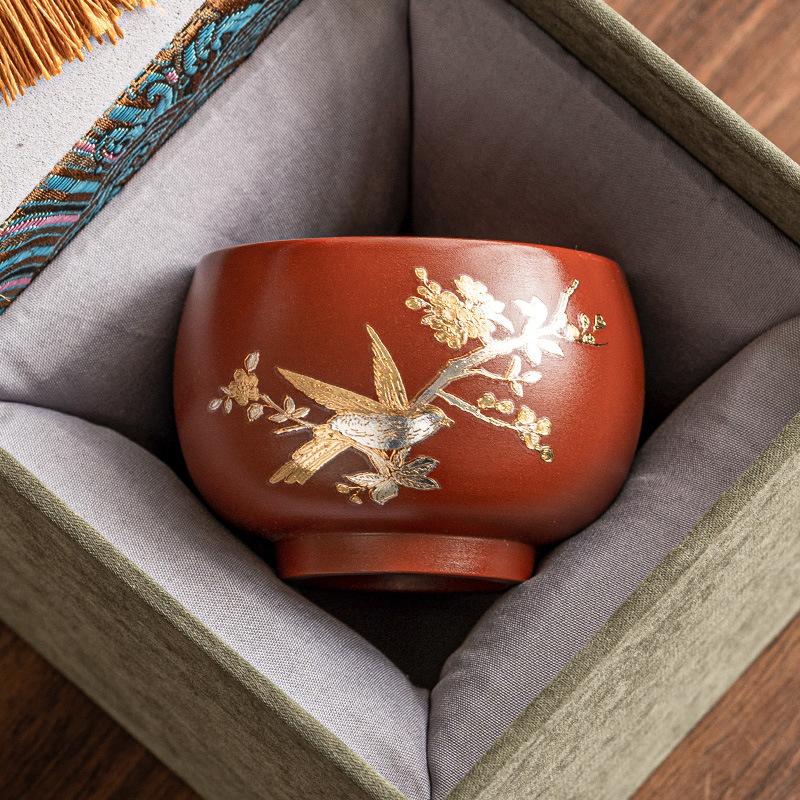 Cốc trà đất sét đỏ mạ bạc 999 cốc chủ sở hữu cốc đơn Bộ trà Kung Fu cao cấp chuyên dụng cá nhân cốc trà