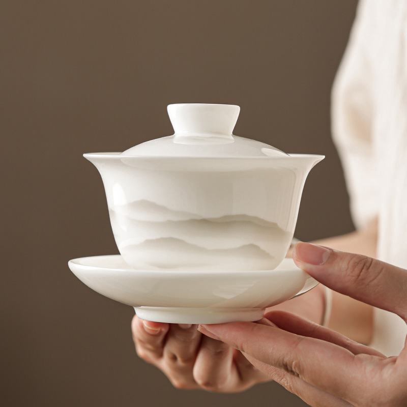 Bát tam tài sứ trắng ngọc cừu bát pha trà cao cấp cốc trà gốm sứ Đức Hoa thủ công dung tích lớn một tay