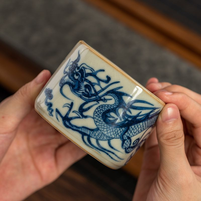 Cốc trà vuông trắng xanh cao cấp bộ trà gốm sứ công phu cốc cá nhân có thể mở cốc chủ nhân cỡ lớn cốc đơn tặng quà