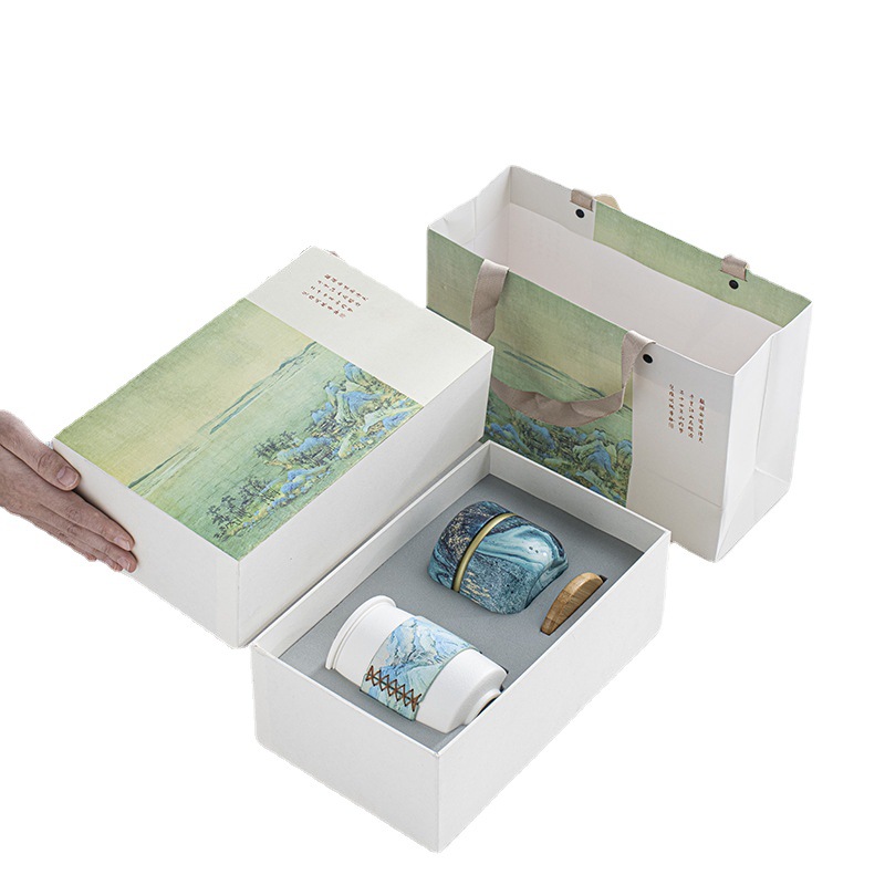 Qianli Jiangshan gốm sứ văn phòng gia dụng cốc nước hộp quà Quốc Triều tặng doanh nghiệp cốc trà Bộ trà du lịch