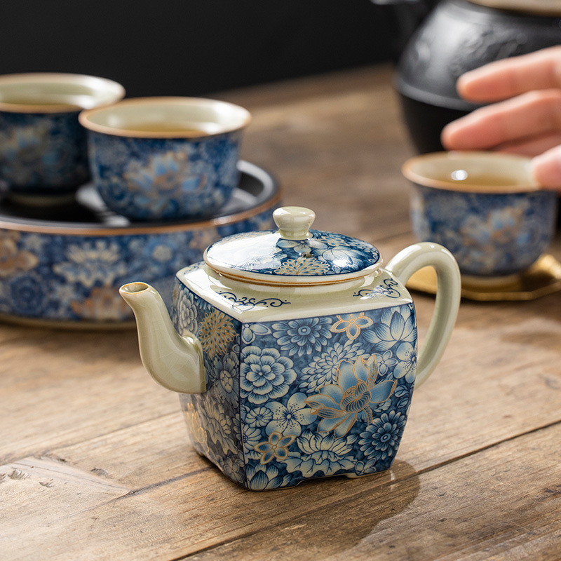Ấm trà hình vuông Hán Hoa vàng Ru Kiln ấm trà ấm trà tinh tế cao cấp gia dụng ấm trà bộ trà gốm sứ nhà sản xuất bán buôn