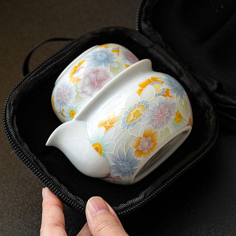 Đồ tráng men cổ kính vạn hoa cầm tay nhanh cốc khách bộ trà du lịch cầm tay ngoài trời một ấm một cốc du lịch cắm trại một người uống một mình