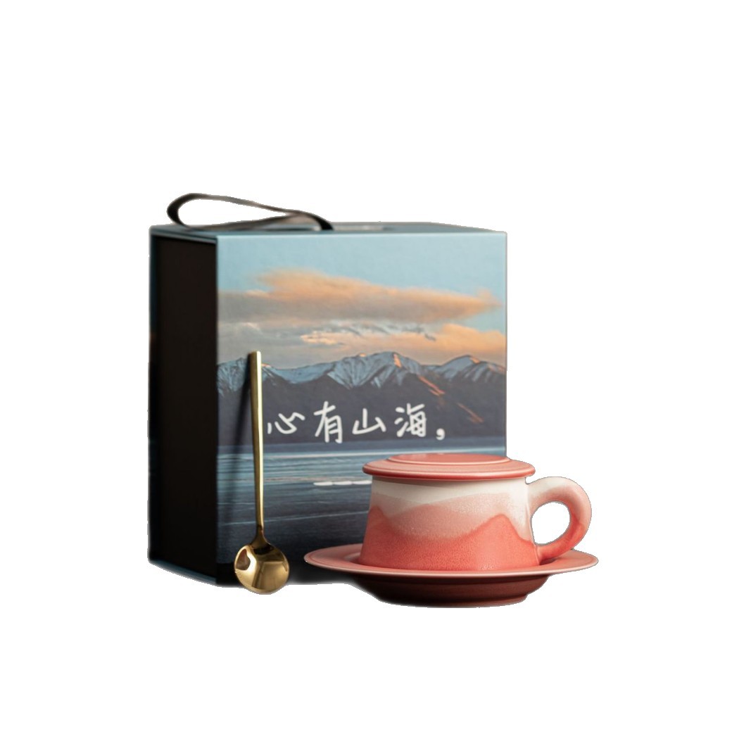 Cốc cà phê lò nung núi và biển hình trái tim có nắp, cốc cà phê gốm sứ sử dụng tại nhà, cốc uống nước cá nhân văn phòng, quà tặng.