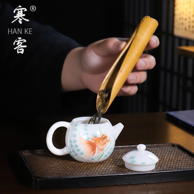 Bộ ấm trà nhỏ cá vàng vẽ tay sứ ngọc bích cao cấp, bộ ấm trà Kung Fu, ấm đơn, sứ trắng Dehua men màu