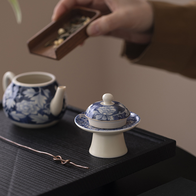 Phụ kiện trà đạo Kung Fu cao cấp tráng men trắng xanh gia dụng cổ điển ốp sứ nắp nắp bát