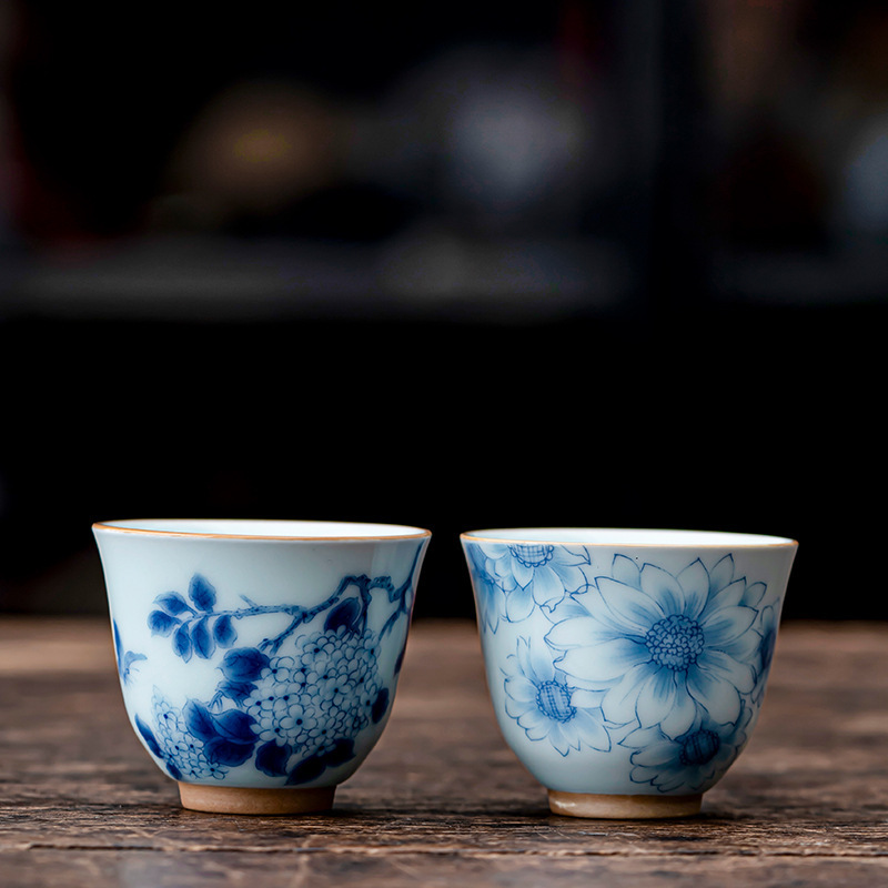 Cốc trà gốm sứ trắng xanh cốc chủ nhân làm thủ công cá nhân nữ cốc trà cổ điển thiền cao cấp cỡ nhỏ văn phòng