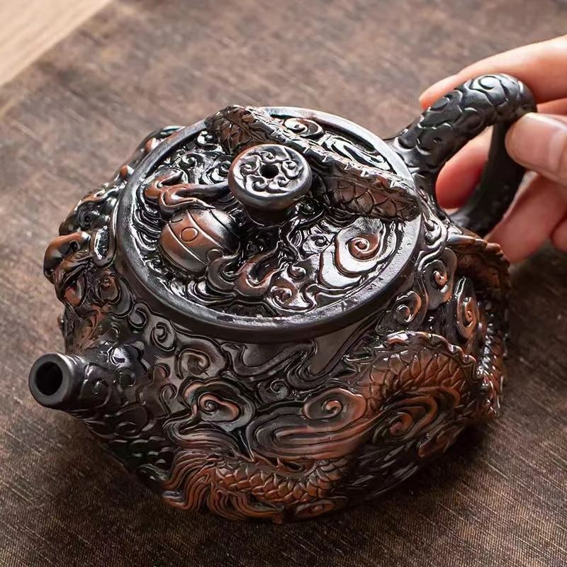 Ấm trà thủ công ấm trà đất sét tím nguyên chất đầy chạm khắc rồng tốt lành dụng cụ pha trà Kung Fu dung tích lớn ấm trà cao cấp chạm khắc ba chiều