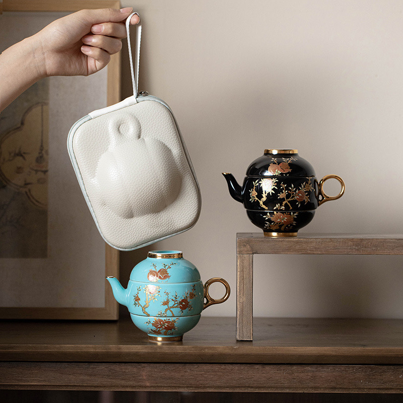 Ấm trà gốm sứ tráng men màu một ấm hai chén bộ trà du lịch bộ nhỏ kiểu Trung Quốc xách tay ngoài trời