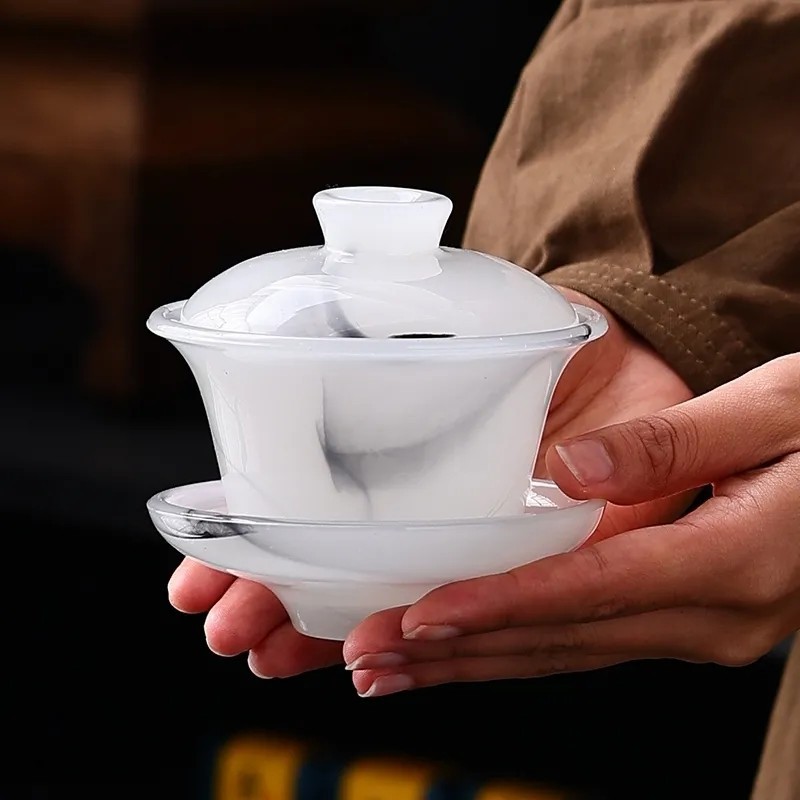 Bát có nắp tam tài tráng men gia dụng bộ trà kungfu văn phòng đơn cao cấp bát trà sứ ngọc tráng men cỡ lớn bán buôn