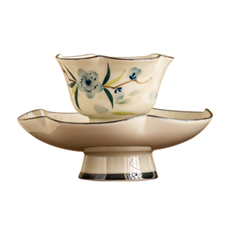 Bộ cốc và đĩa chân cao hoa đào vẽ tay cốc chủ nhân gốm sứ tinh xảo cao cấp cốc trà chuyên dụng cá nhân cốc trà bộ trà