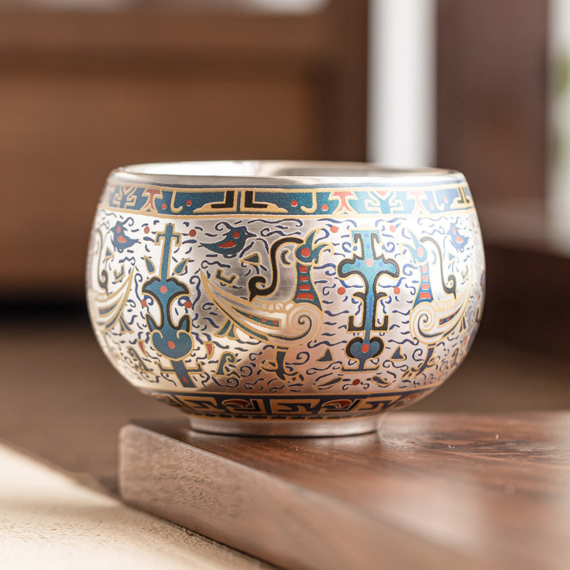 Cốc trà sang trọng nhẹ 999 cốc thiền hoa văn Đôn Hoàng mạ bạc bộ trà cao cấp cốc chủ nhân chén trà Kung Fu không nóng tay