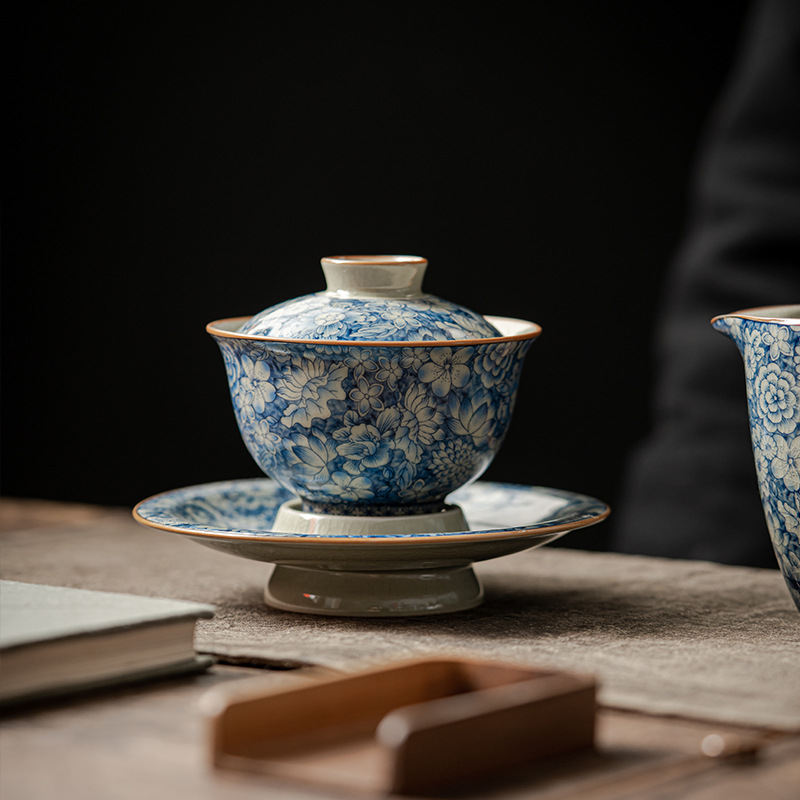 Bát tam tài gốm sứ trắng xanh, bát cầm tay cỡ lớn, cốc trà Thiền kiểu Nhật, bát pha Trà Cổ Điển có nắp