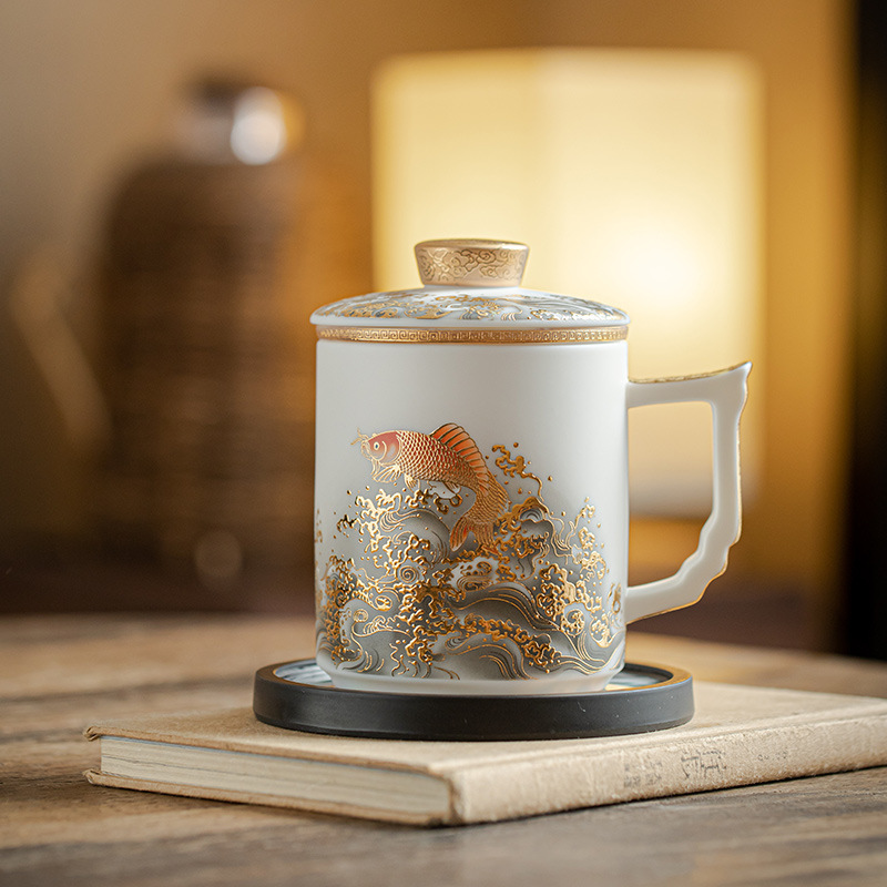 Cốc sứ ngọc bích mỡ cừu cốc pha trà gốm sứ tách trà cốc nước cao cấp kinh doanh hộp quà có logo