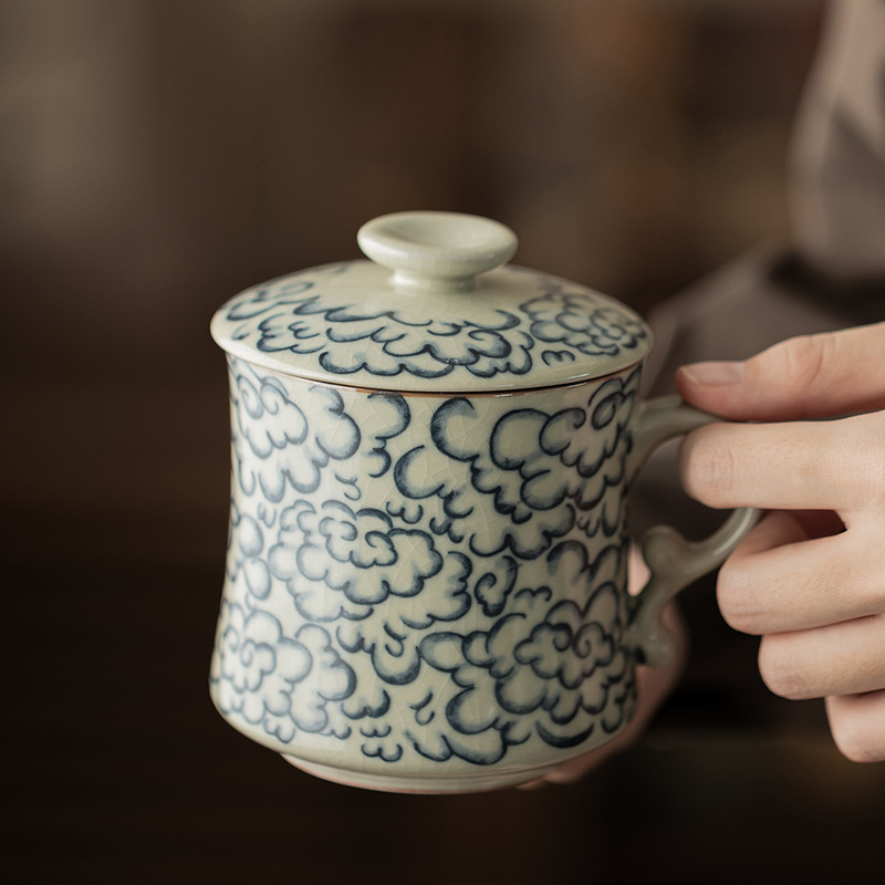 Ly sứ uống trà kiểu cổ Ru Kiln hình mặt trăng lưỡi liềm, có nắp, tách trà nước rời, có thể tháo rời.