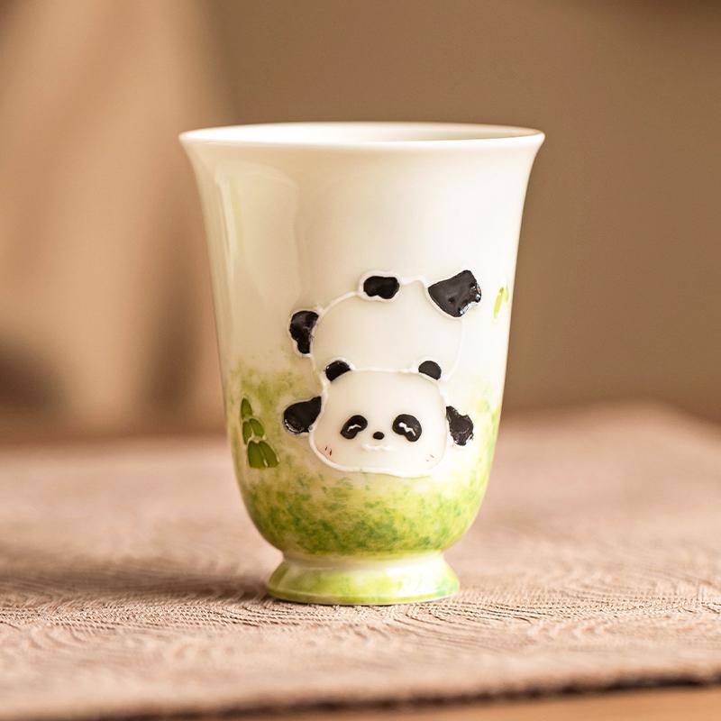 Cốc trà xám thực vật cốc chủ nhân vẽ tay đống gấu trúc chạm khắc cốc thơm cốc uống trà gia dụng cốc sứ cốc trà