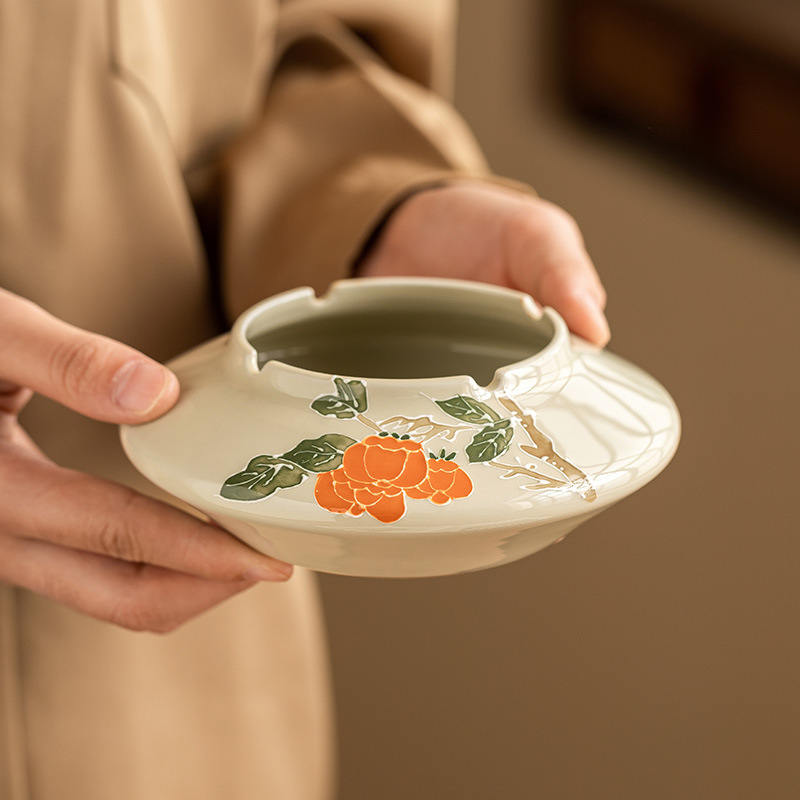Gạt tàn hồng hồng vẽ tay cảm giác phòng khách cao cấp gốm sứ phong cách Trung Quốc gia dụng Gạt tàn công suất lớn chống gió chống tro bay