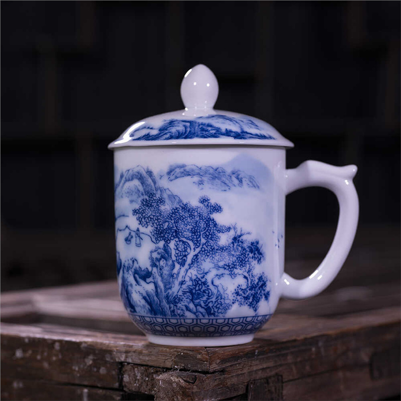 Cốc trà sứ trắng xanh có nắp Cốc nước gốm sứ dung tích lớn Cốc hội nghị văn phòng Jingdezhen sứ trắng xanh dày giả ủi