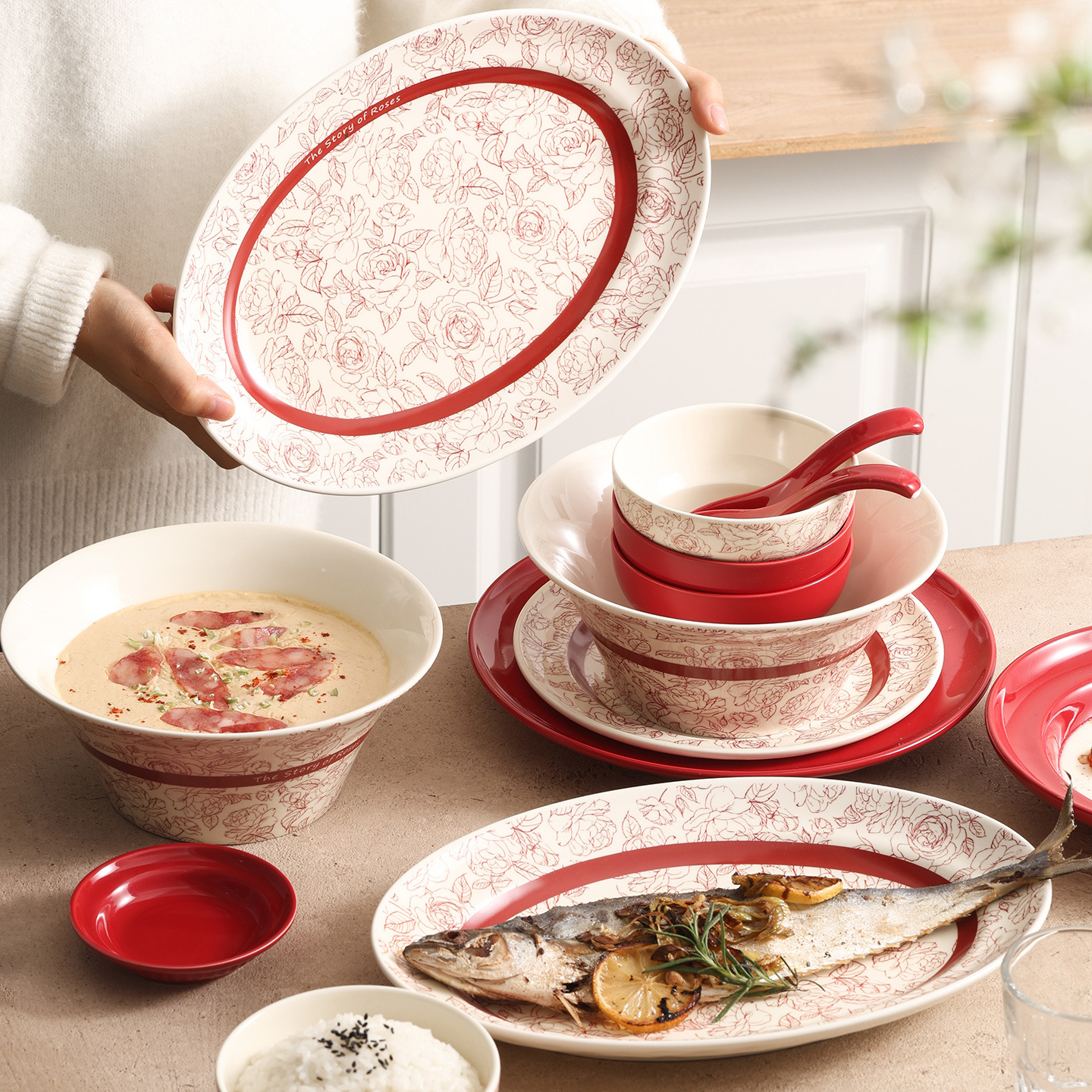 Bộ bát đĩa hoa hồng đỏ Bộ bát đĩa gốm sứ tân gia nhà mới bộ đồ ăn tráng men màu bát cơm nhà đẹp bát canh