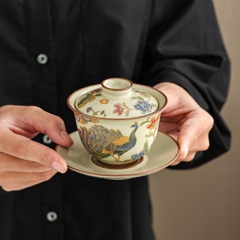 Năm lò nung nổi tiếng, lò Ru, bát có nắp ba tài, bát có nắp ba tài, bát có nắp cao cấp kiểu Trung Quốc có thể di chuột và xoay