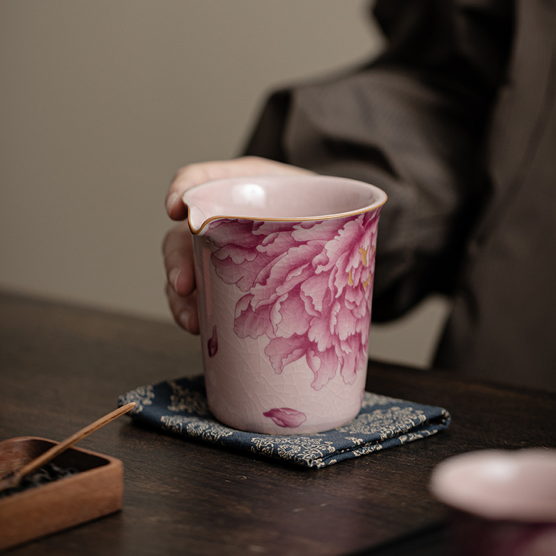 Cốc trà hoa mẫu đơn màu hồng Ru Kiln dành cho nữ gốm sứ biển dụng cụ pha trà kungfu dụng cụ pha trà dung tích lớn