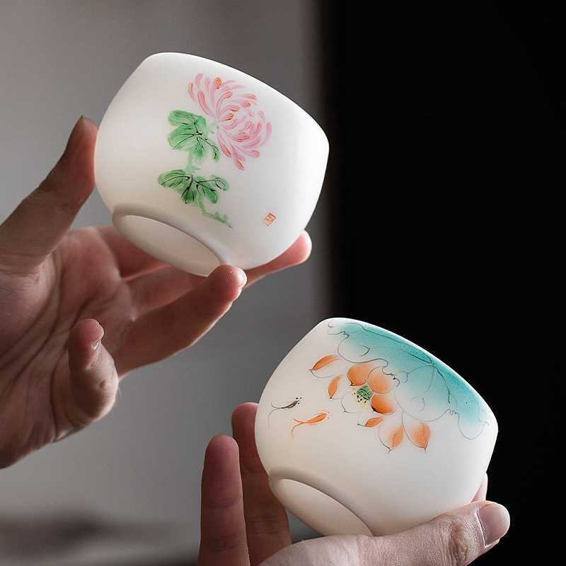 Cốc sứ ngọc bích vẽ tay, cốc trà dung tích lớn, cốc trà cá nhân, hộp quà tặng cốc la hán vẽ tay
