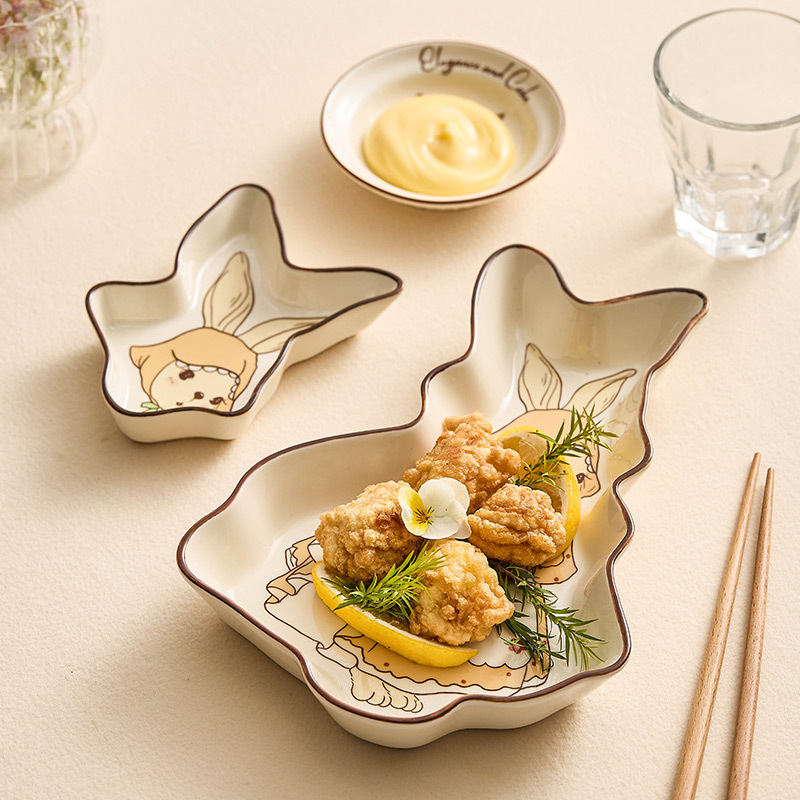 Đĩa ăn vặt gốm sứ Đĩa nước sốt Đĩa nhỏ Đĩa salad trái cây gia dụng Đĩa chấm tim Đĩa thỏ hoạt hình dễ thương sáng tạo