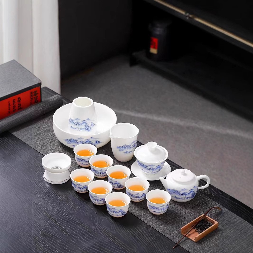 Bộ ấm trà ngọc bích mỡ cừu ấm trà sứ trắng sứ Đức Hoa cao cấp gia dụng cốc trà sứ Kung Fu cao cấp