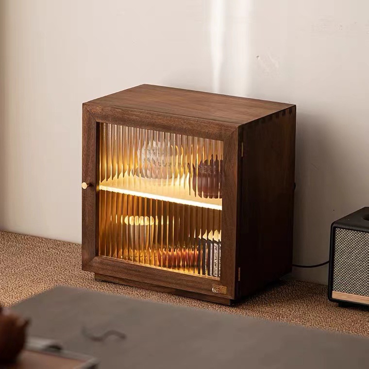 Bàn trà để bàn, tủ góc, Bộ trà, tủ đựng trà, tủ gỗ nguyên khối chống bụi, tủ nhỏ óc chó có đèn, tủ đựng đồ