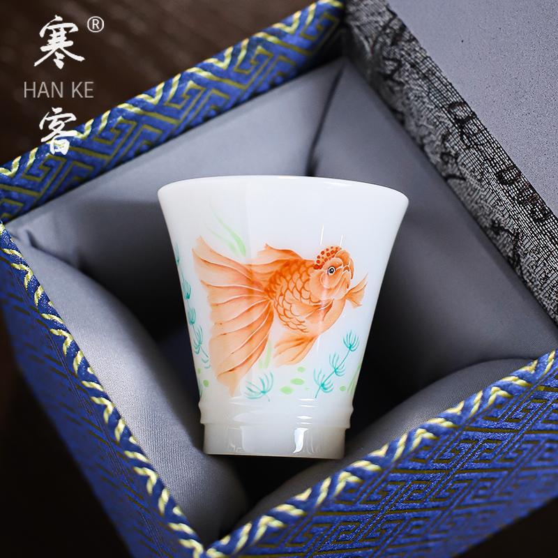 Cốc chủ nhân vẽ tay loại băng giá trị cao Bộ trà cao cấp sứ trắng Dehua cốc đơn cốc quà tặng chủ nhân cốc chuyên dụng cá nhân