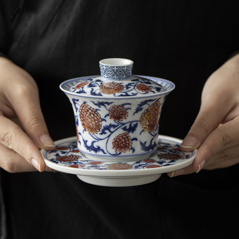 Bát có nắp hoa sen kim cương đỏ tráng men xanh cổ bộ trà gốm sứ cổ điển tô có nắp bằng vàng cốc trà bán buôn