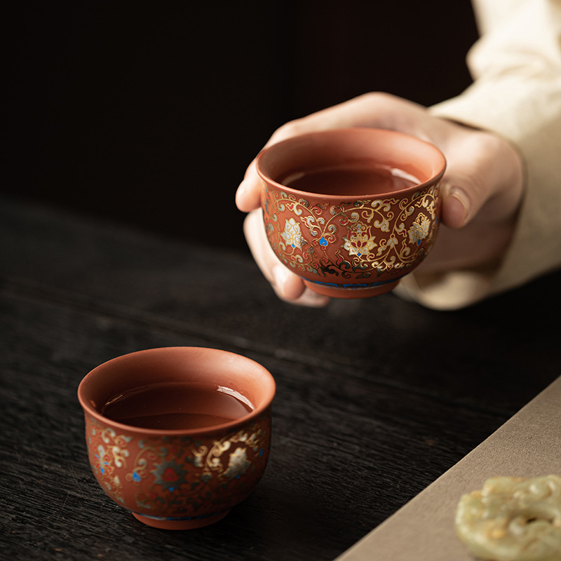 Bộ một bình cát tím hoa sen bọc bộ hai cốc bộ ấm tay cầm kiểu Trung Quốc bộ trà đơn giản pha trà tặng người lớn tuổi