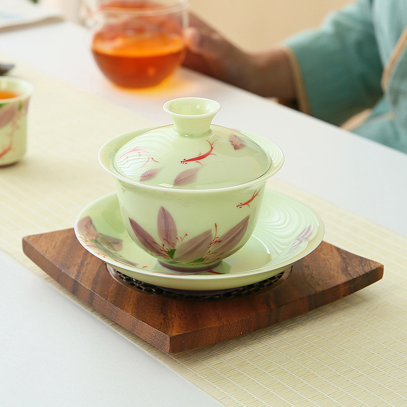 Bát tam tài tráng men màu vẽ tay, bát trà gốm sứ tươi mới sáng tạo đơn cao cấp gia dụng, bộ trà nữ