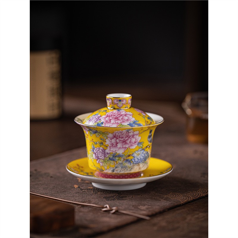 Bát có nắp tam tài tráng men, bộ trà Kung Fu hương hoa chim, bát pha trà gốm sứ gia dụng, bát trà không nóng tay