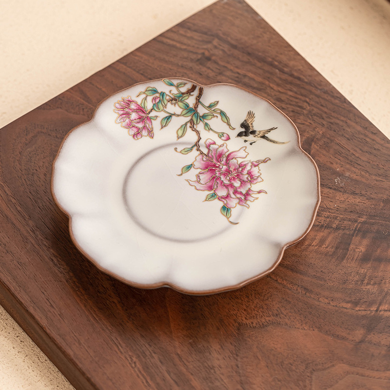 Lót cốc miệng hoa Ru Lò, thạch mỡ lợn, hoa mẫu đơn, tấm cách nhiệt chống trượt, cốc trà sứ Ru tinh tế, phụ kiện trà đạo, tấm trà