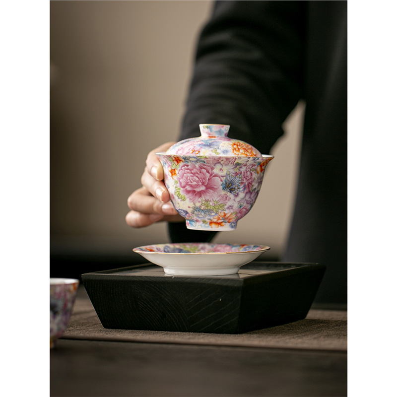 Bát trà cốc trà tam tài vạn hoa bộ trà công phu phong cách Trung Quốc bộ trà bát trà tráng men màu cao cấp gia dụng